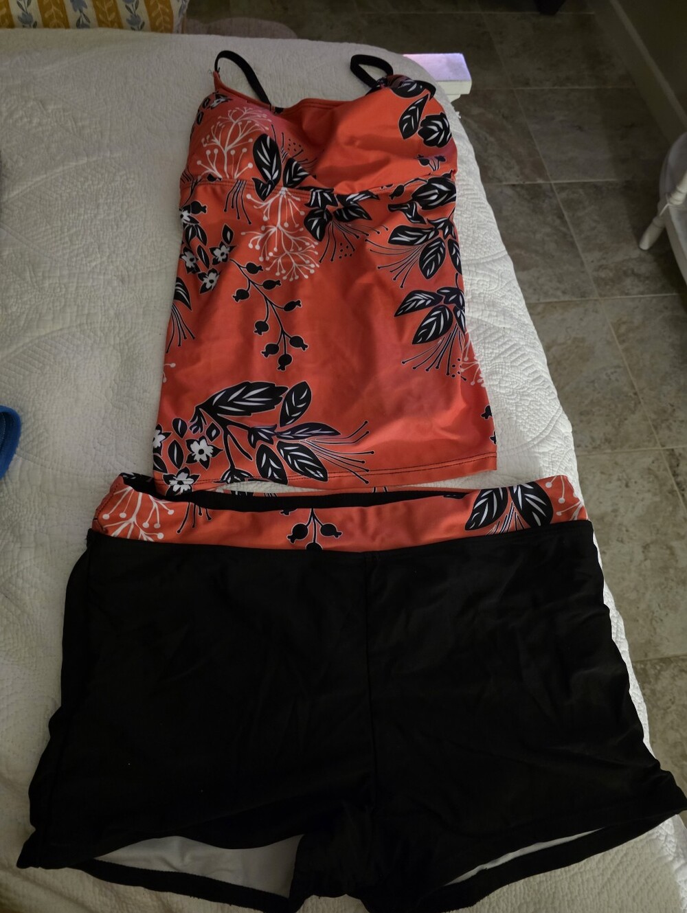 Coral Red Floral Tankini with Black Swim Shorts